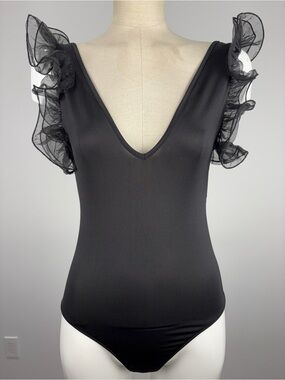 Zara Black Organza Ruffle Sleeve Bodysuit V-Neck Ribbed Leotard S